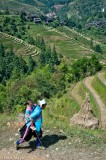 Woman Carrying Child Past Paddies