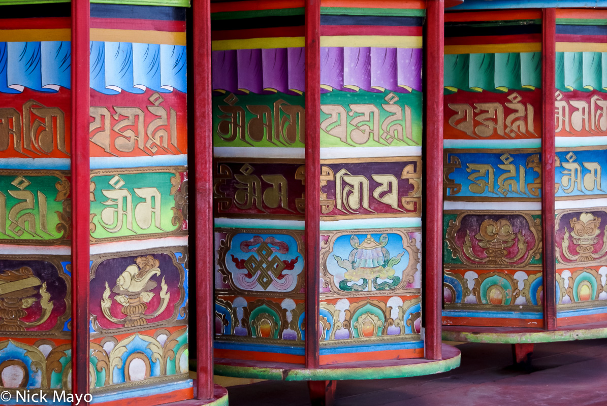 Colourful prayer wheels at the Sershul monastery.