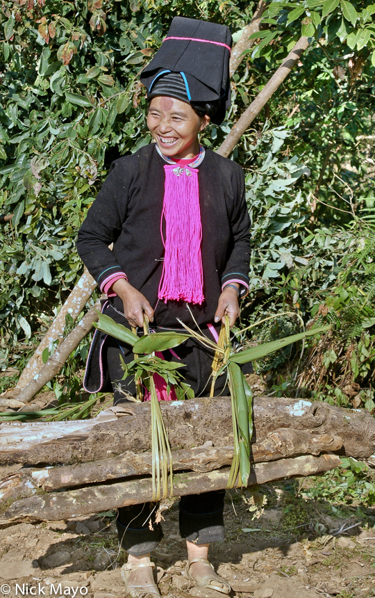 A Pin Toh Yao woman in traditional flat topped hat using straps of natural fibre to carry firewood home to Nan Ke.