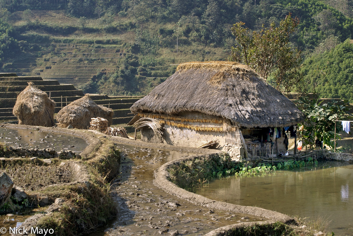 A Hani mud walled residence with a roof of thatch sited amongst the winter terraces outside Shih Li Chuan.