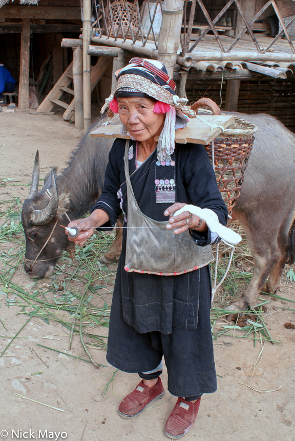 A Hani woman from Puga carrying a backstrap basket attached to a wooden yoke spinning cotton on a hand held spindle while her...