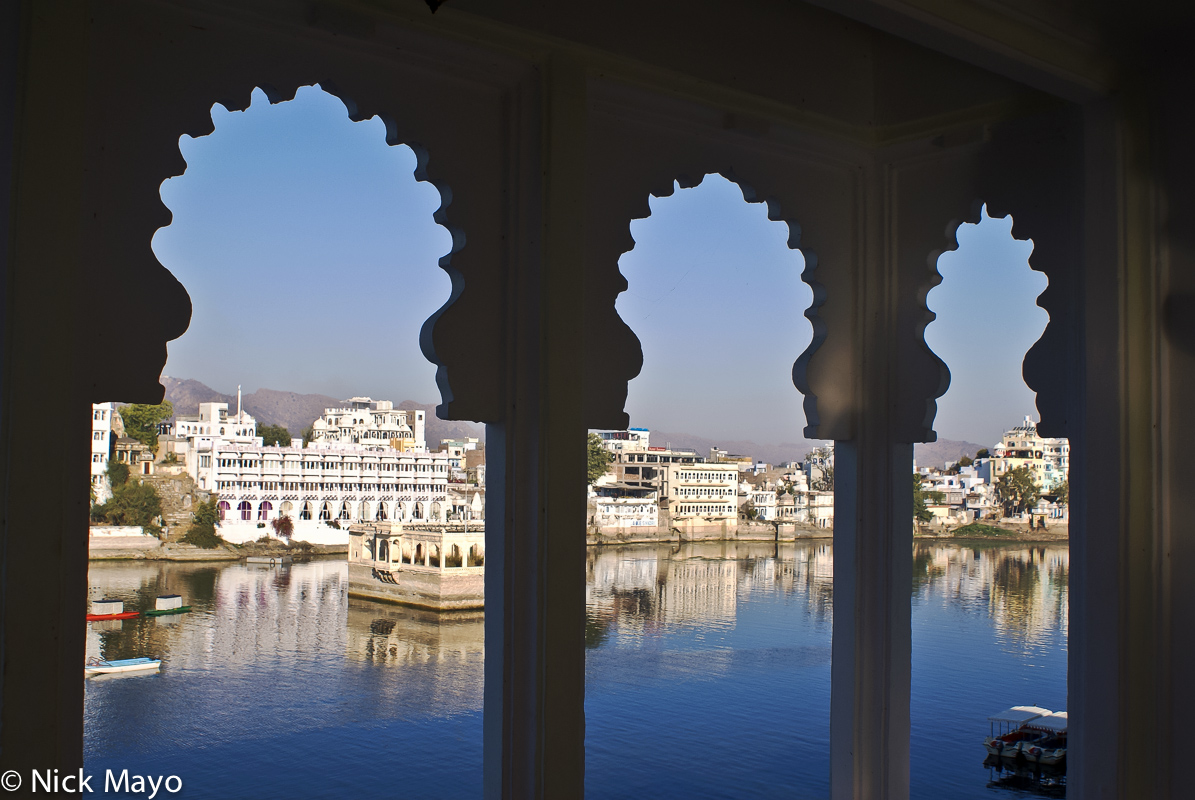 Looking through the arches of the dining room of the Jagat Niwas hotel in Udaipur.