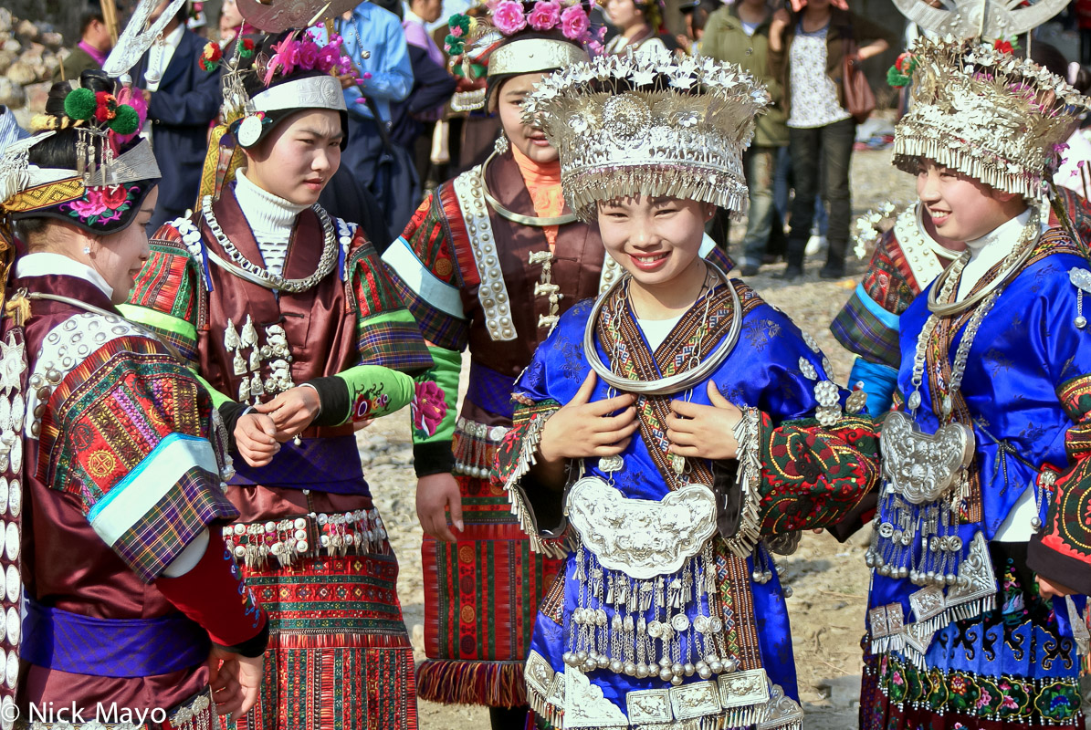 Five Miao girls at a festival in Zhouxi.