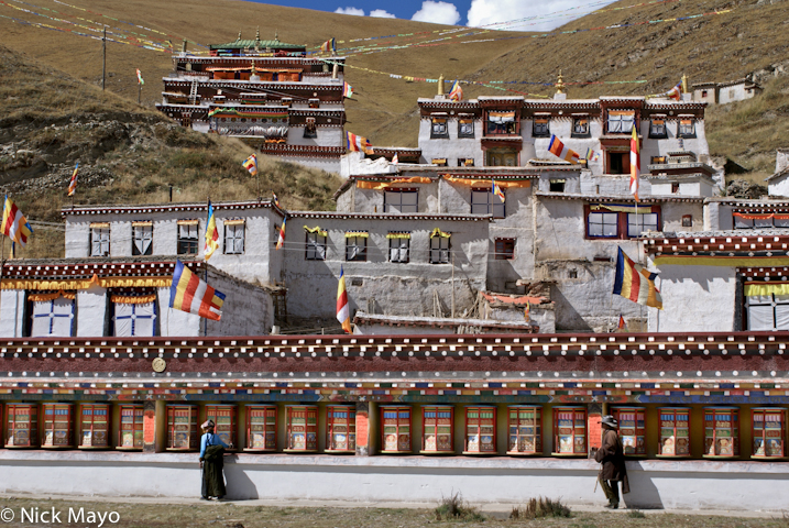 A wall of prayer wheels at the Sershul monastery.