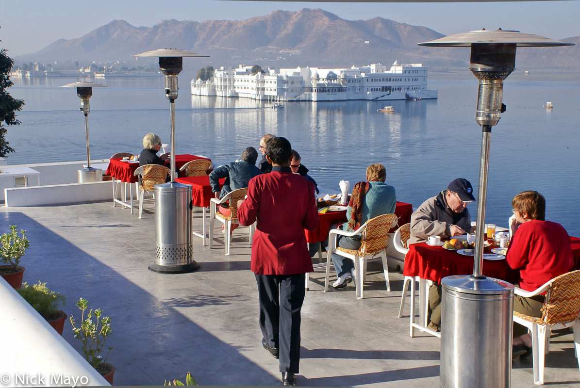 The view of Udaipur's fabled Lake Palace Hotel from the dining terrace of the Jagat Niwas.