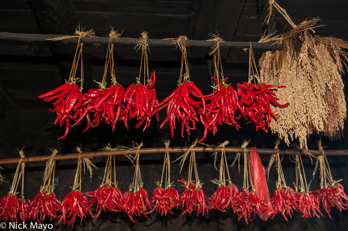 Red chillies hung to dry in the village of Gaochien.