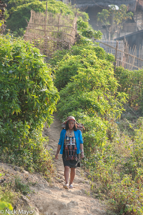 A traditionally dressed Akha Erpa (Hani) women setting out for the fields from the village of Ban Shapiew.