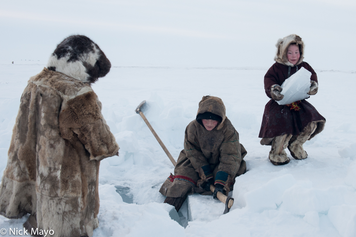 A Nenets family, all dressed in traditional malitsas and kisy, cutting ice blocks near their winter camp on the Yamal peninsula...