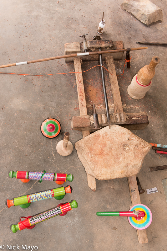 Turner and other tools of a lacquer craftsman in the Kutch village of Nirona.