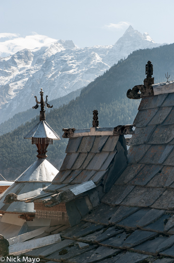 The temple at Roghi in Kinnaur with its steeply pitched roofs.