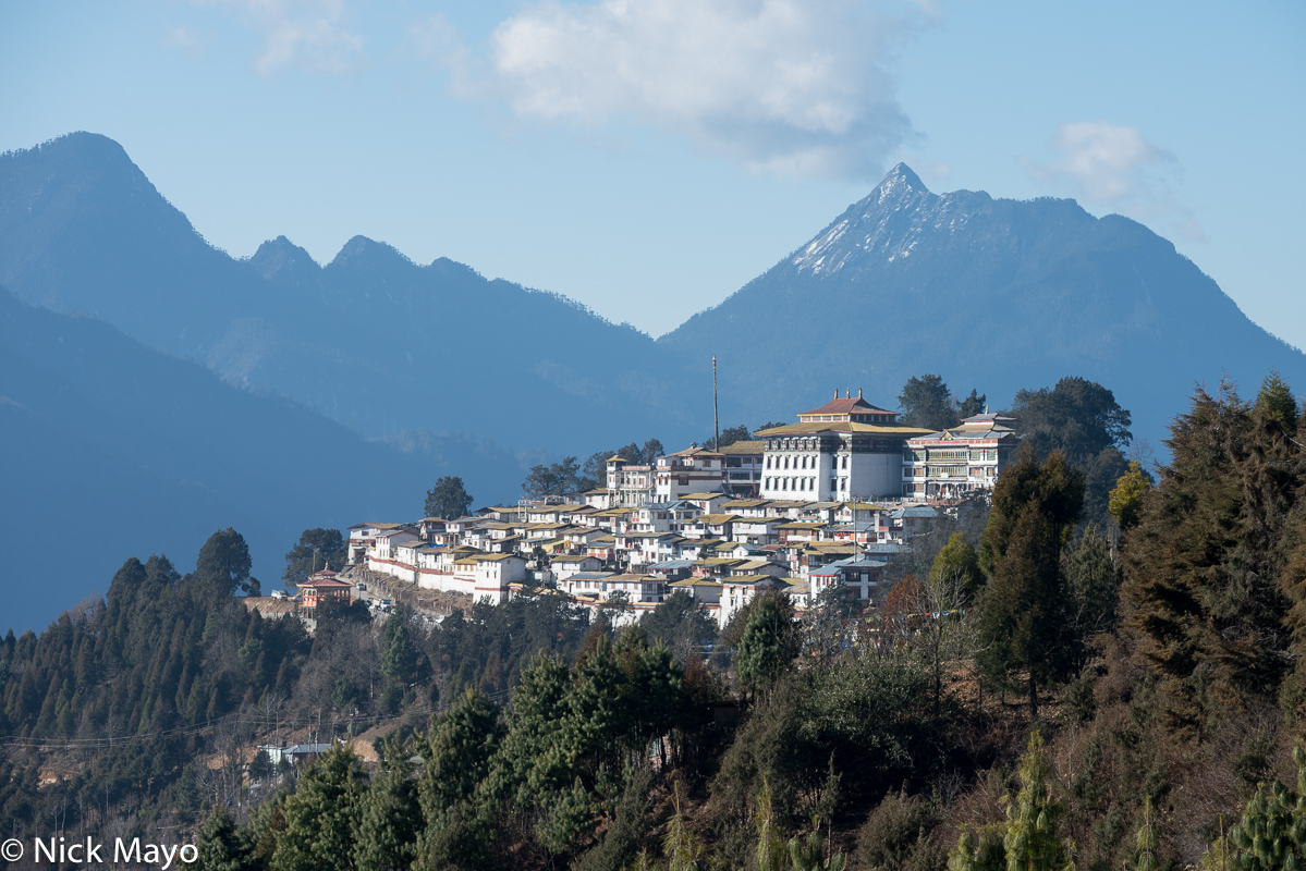 The Tawang monastery perched high on a ridge in the Himalaya.