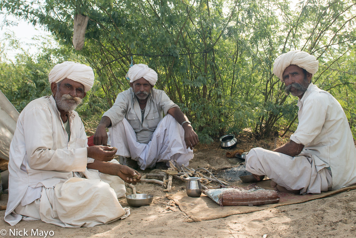 Three Rabari men cooking breakfast at the Mallinath fair in Tilwara.