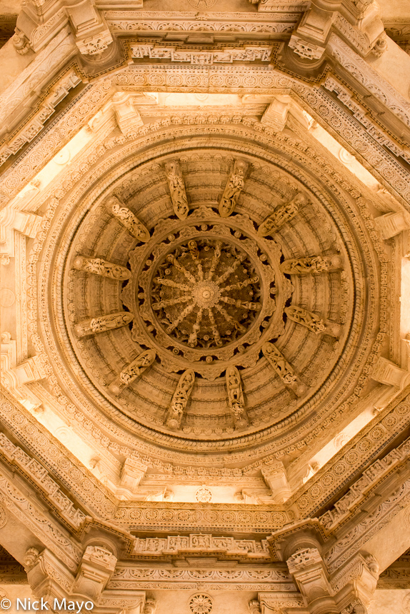 An intricately carved marble ceiling in the Chaturmukha Jain temple at Ranakpur.