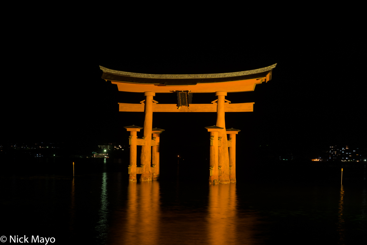 The great torii gate at Miyajima at night.