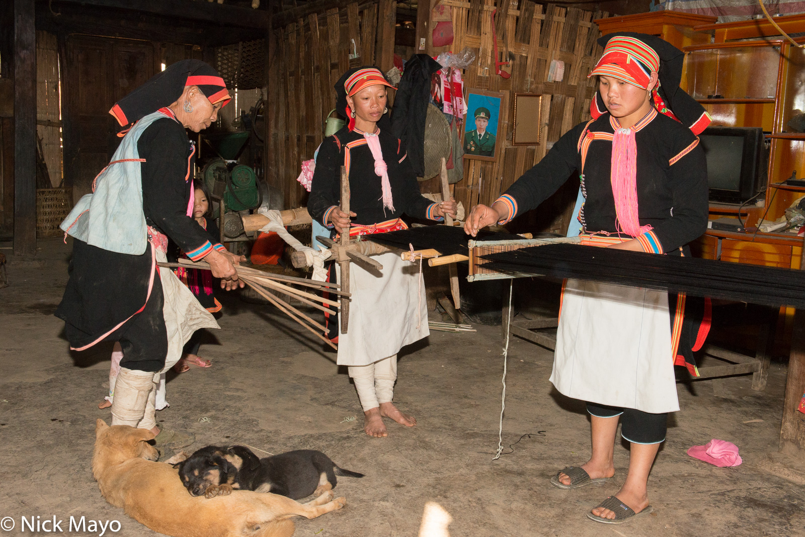 Black Dao (Yao) women from Pocha village preparing warp thread while the household dogs sleep.