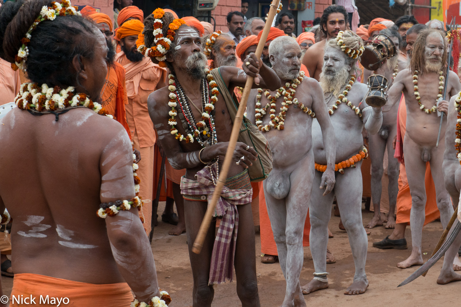 Naga sadhus at a halt in the Shivaratri festival procession at Rajim.