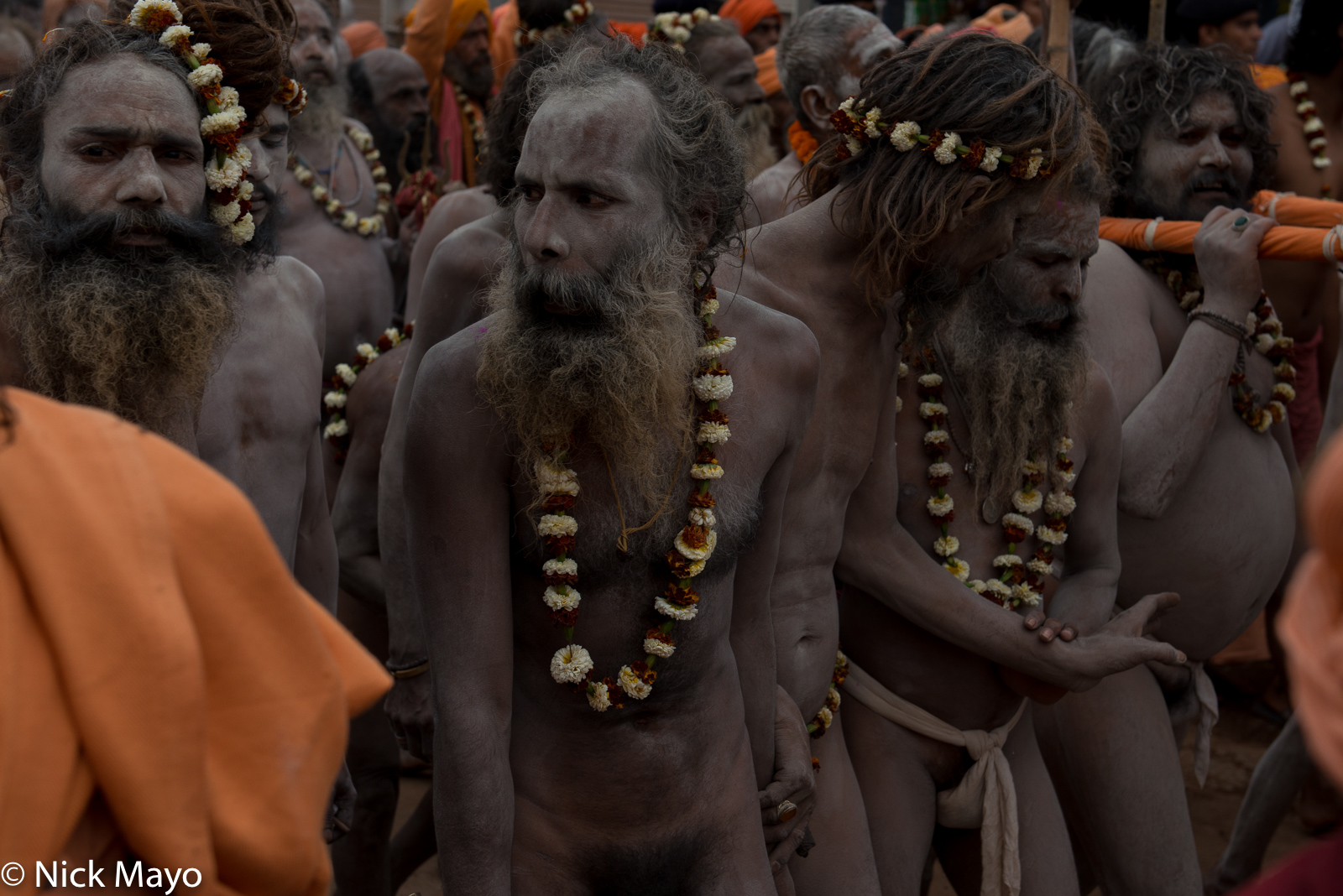 Ash covered Naga sadhus in the Shivaratri festival procession at Rajim.