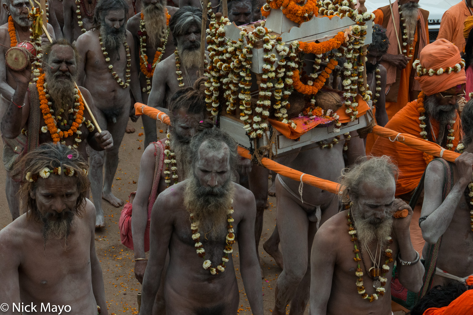 Naga sadhus carrying the god during the Shivaratri festival procession at Rajim.