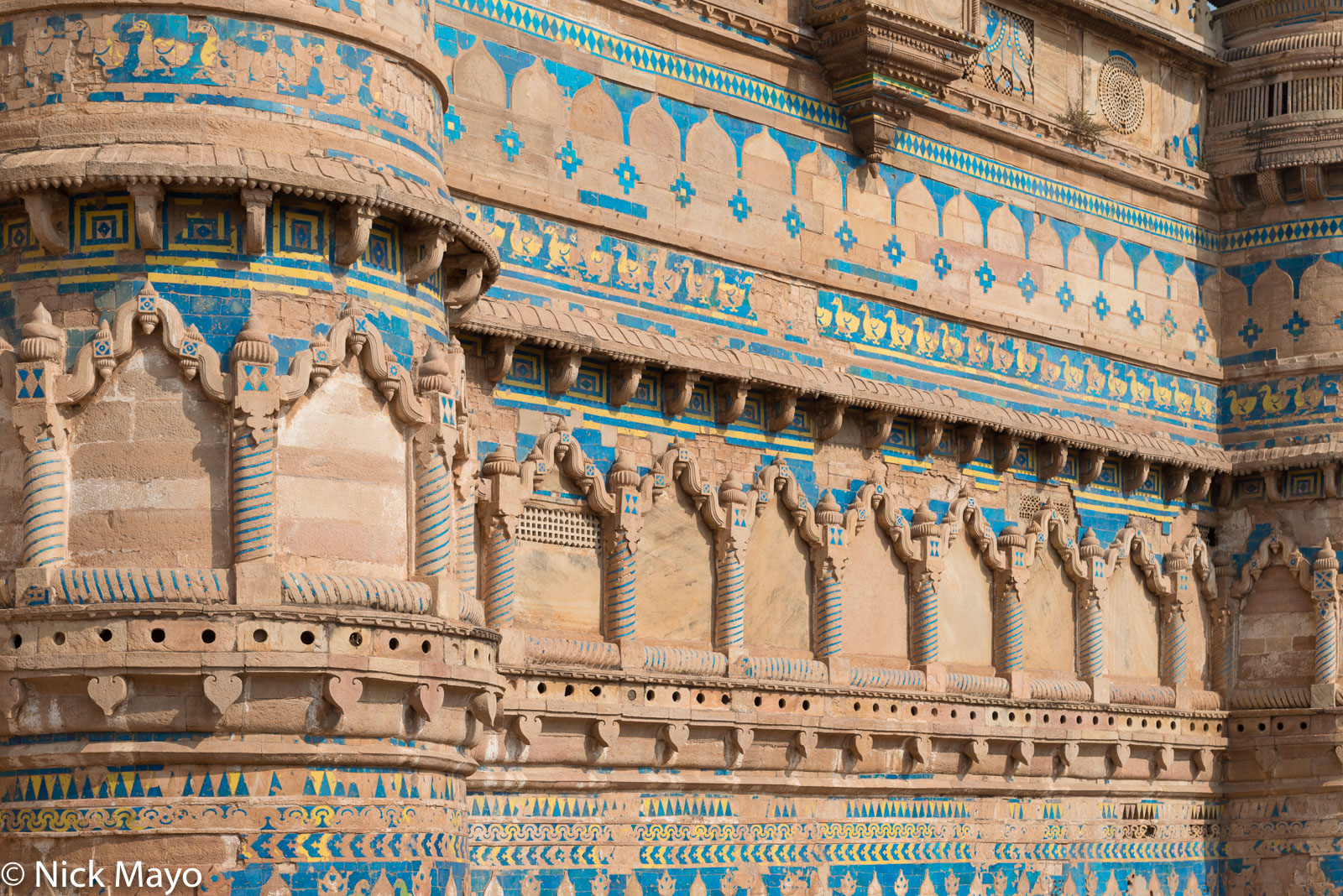 A wall of the Man Singh palace at Gwalior fort.