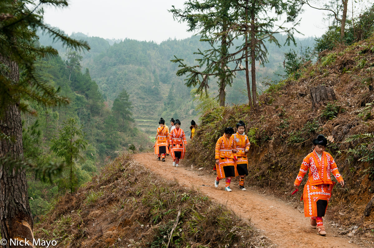 A wedding column of Miao woman heading to the village of Zaibang.