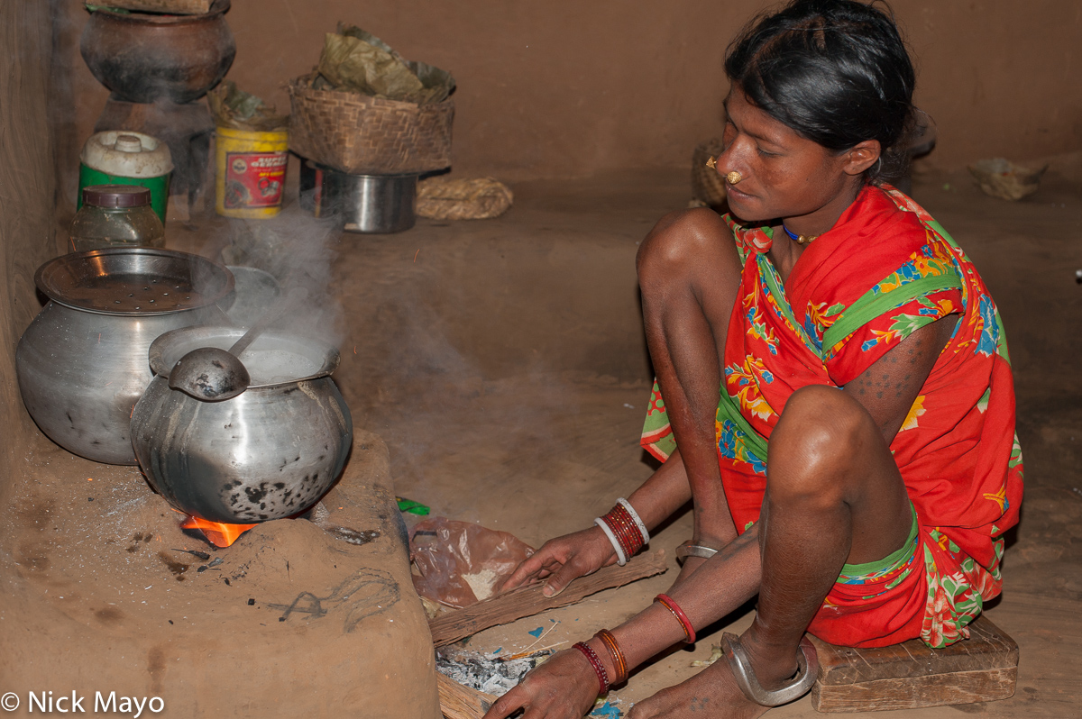 A Botra woman of the Gond ethnicity cooking on a mud hearth in the the village of Pajil.