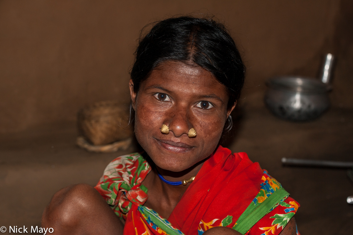 A Botra woman with traditional nose studs in the Gond village of Pajil.