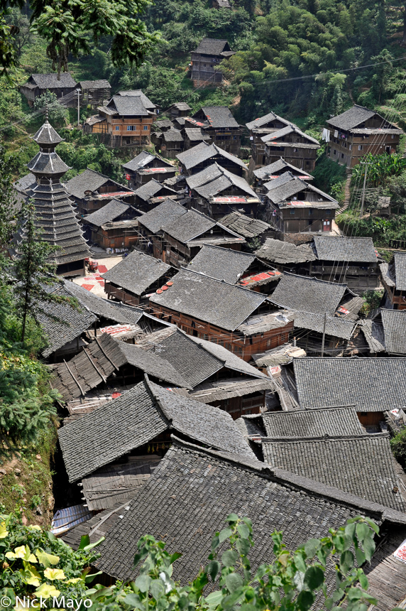 The Dong village of Yintan with its grey tiled roofs and drum tower.