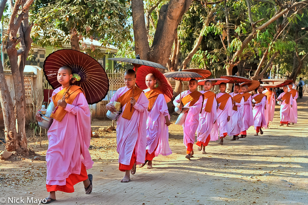 A line of nuns collecting alms in Sagaing.