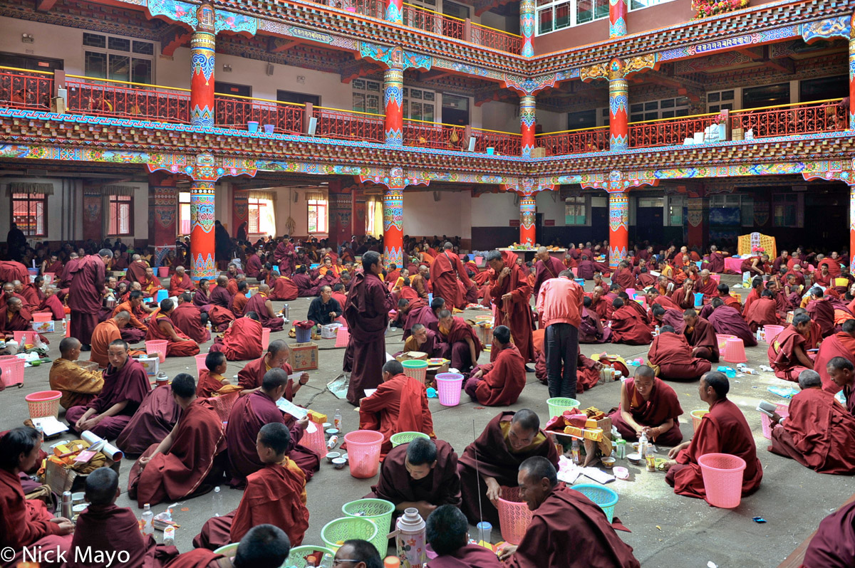 An assembly of Tibetan monks at the Larung Gar academy in Sertar.