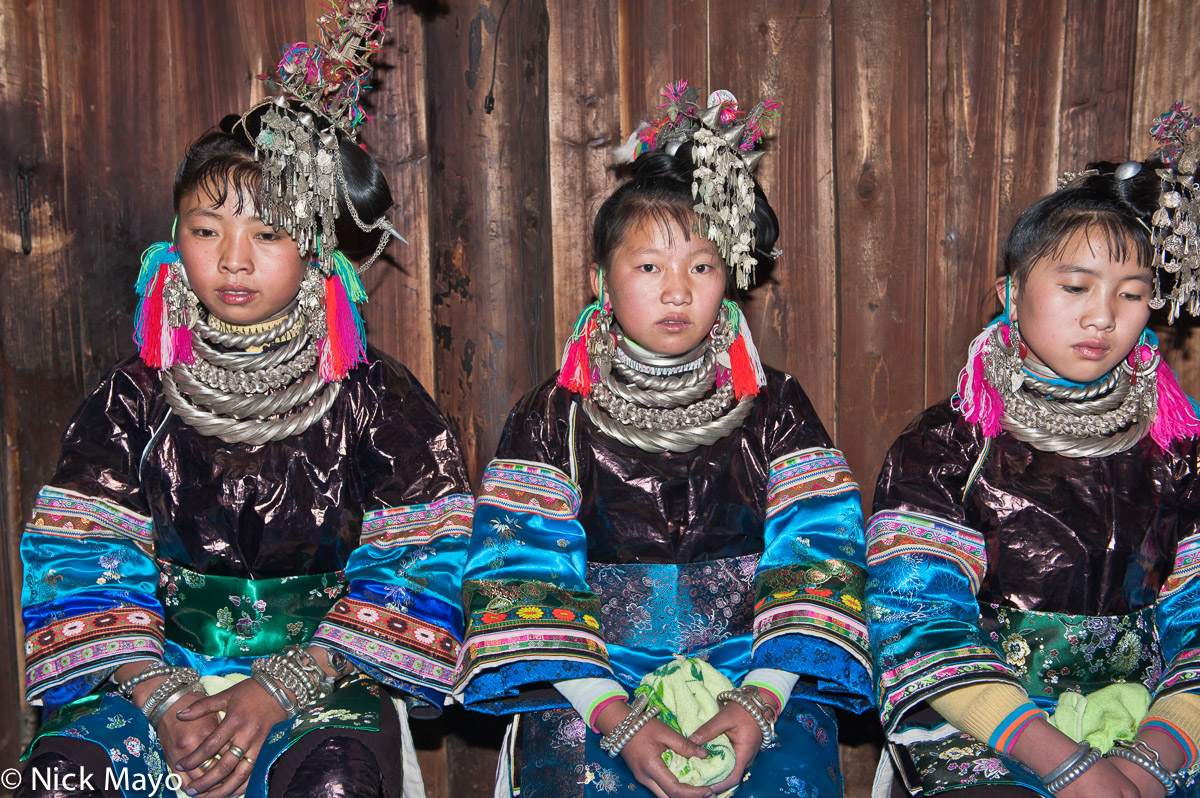 A Miao bride and bridesmaids, with traditional silver hair pieces, heavy necklaces and tasselled woollen earrings, at a wedding...