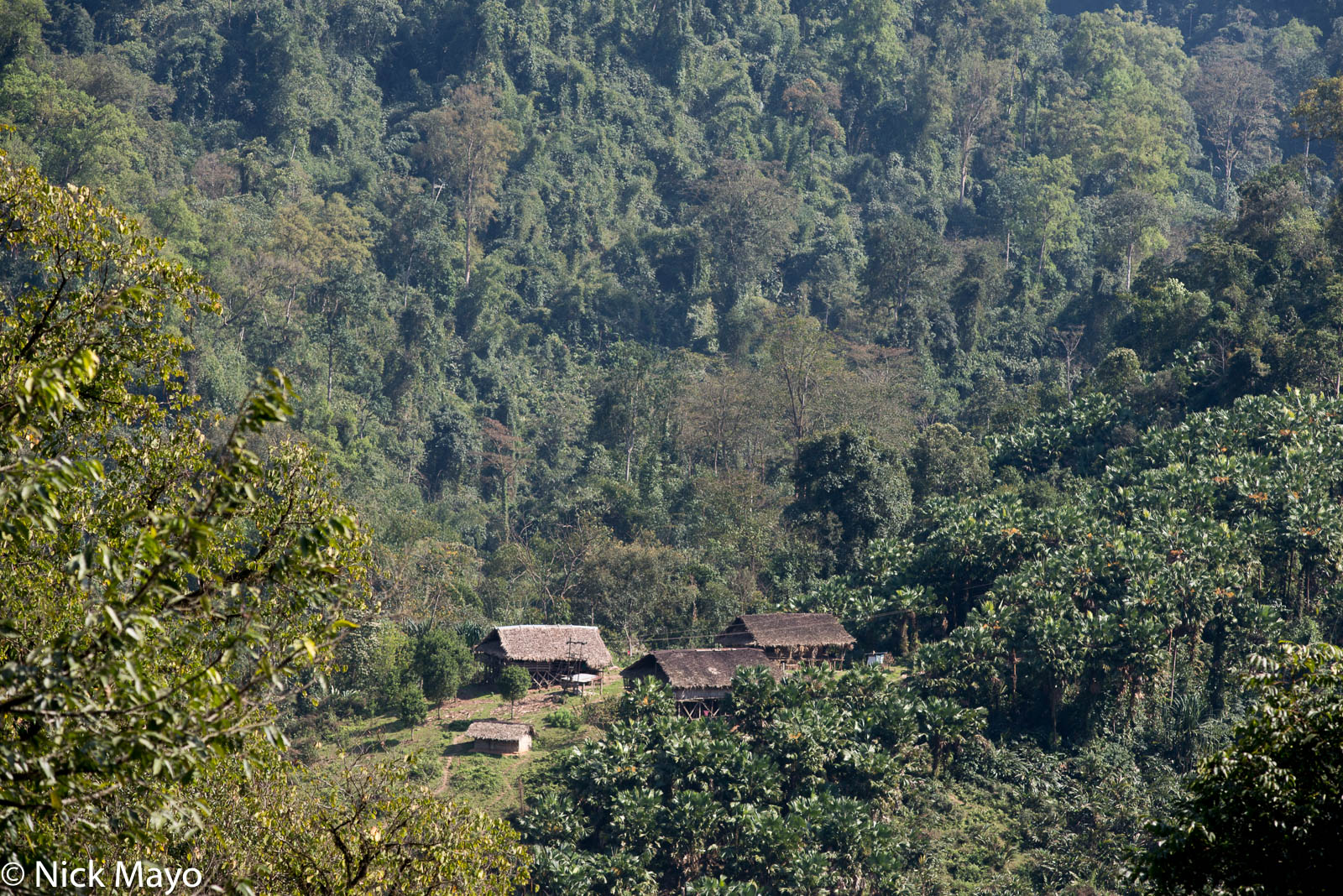 The small thatched hamlet of three Tagin houses at Mosi.