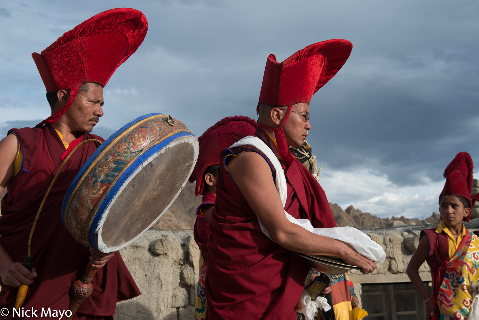 One monk with a drum and a second with cymbals at the conclusion of the annual Phyang Tserup.