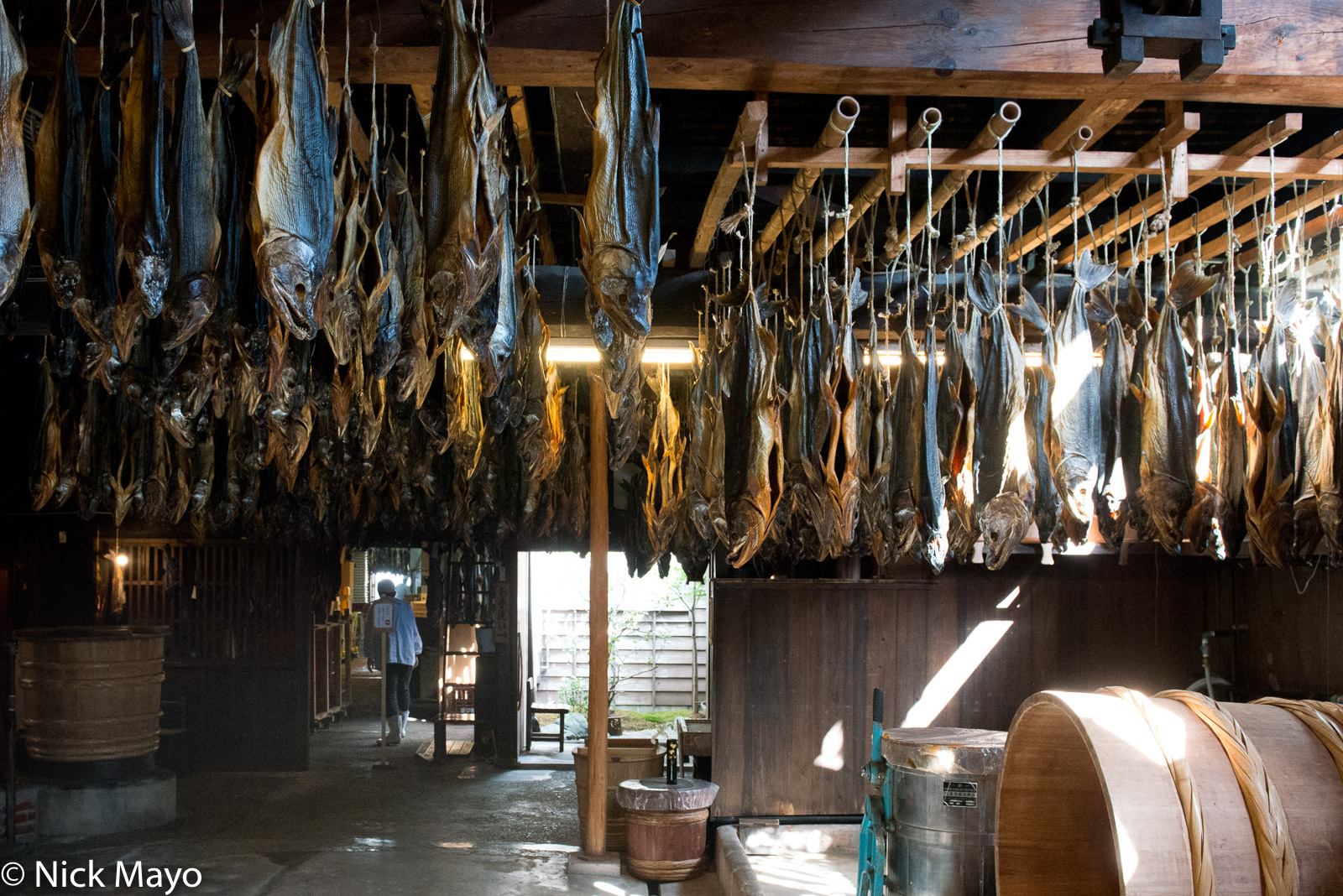Salmon hung to dry from the ceiling of the famous Kikkawa shop at Murakami.