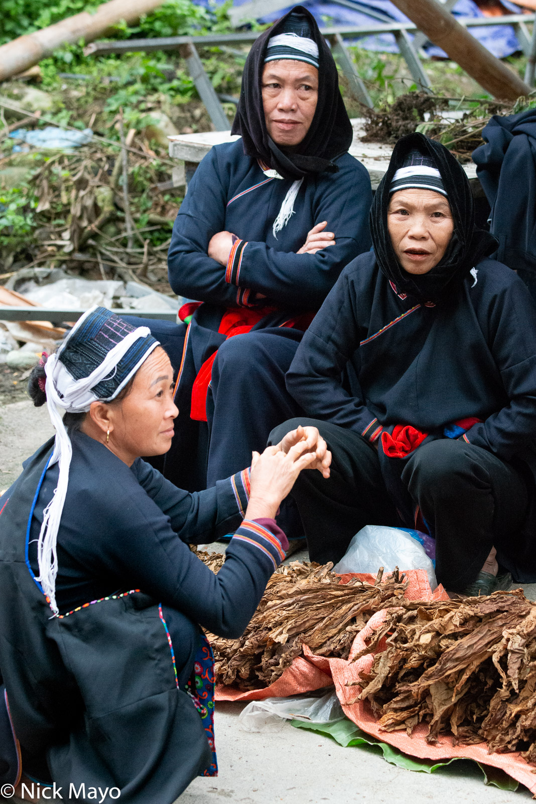 Dao women selling leaf tobacco at Thong Nguyen market.