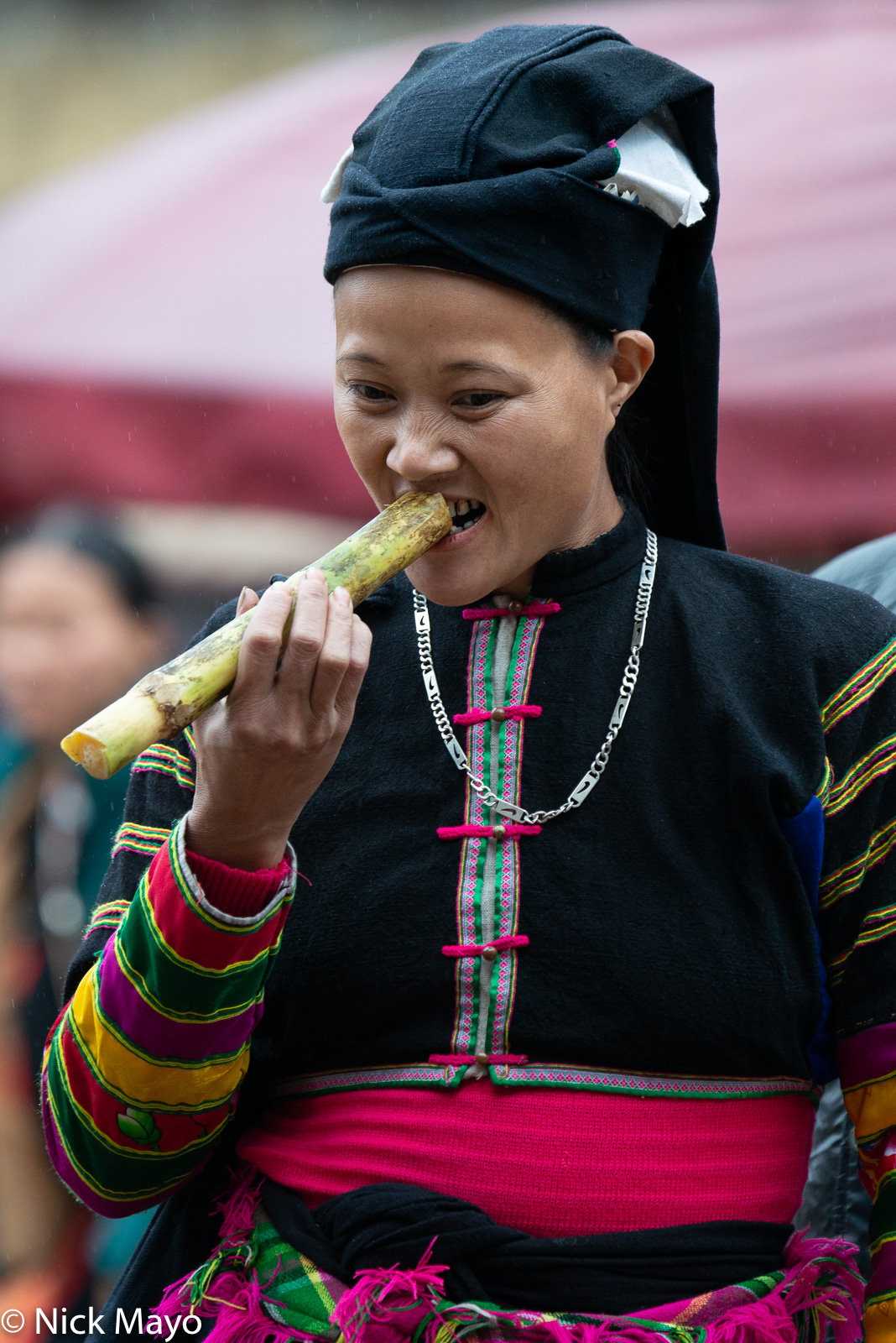 A Black Lolo woman snacking on sugar cane at Bao Lac market.
