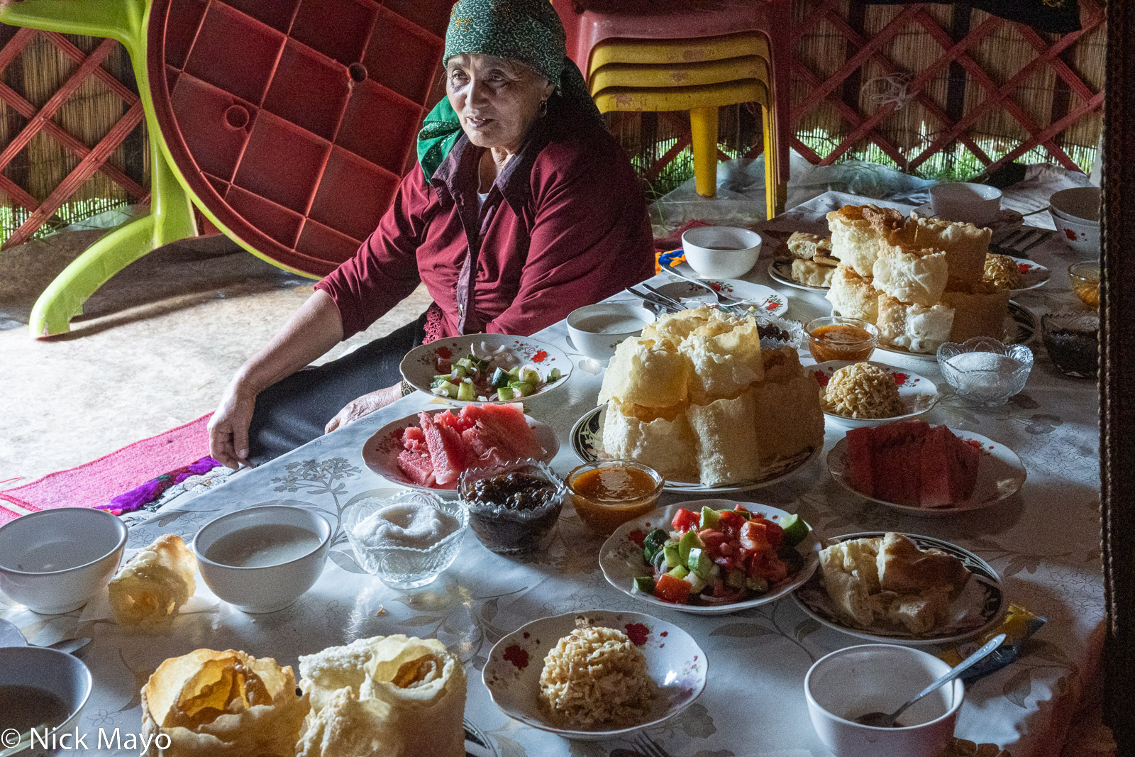 A lunch waiting to be eaten at a yurt camp in Temir-Kanat.