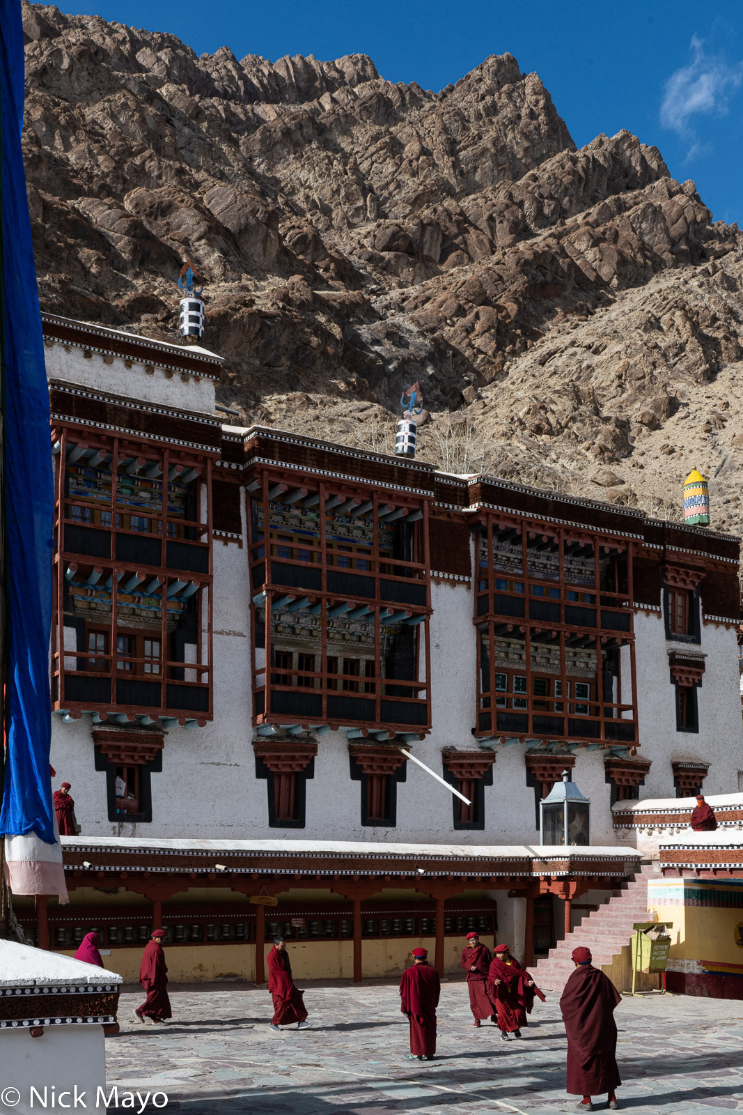 Monks rehearsing dance moves for the upcoming winter festival at Hemis monastery.